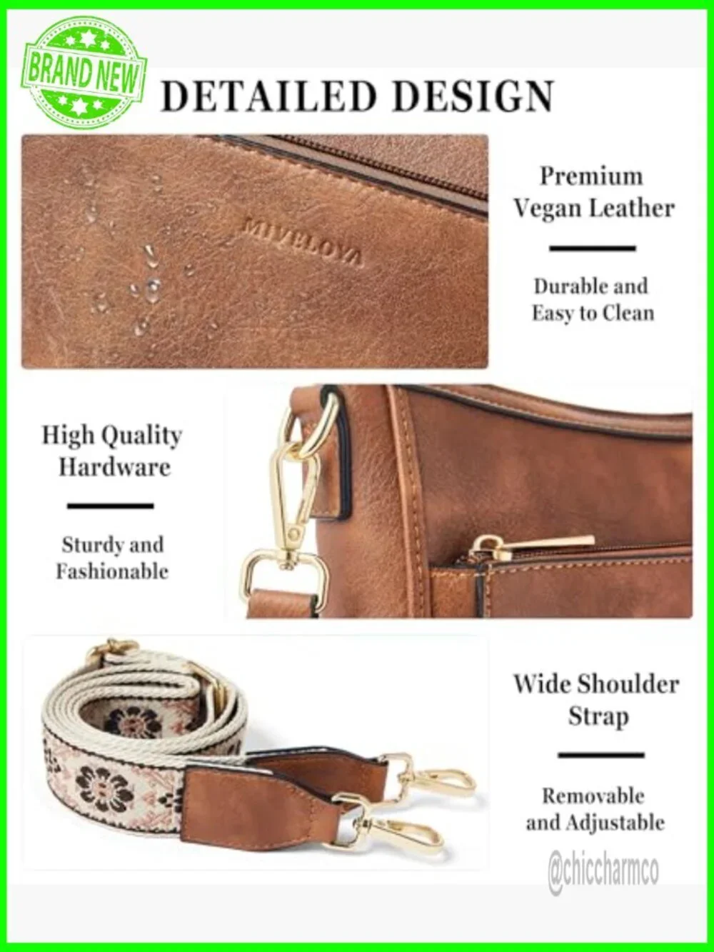 Vegan Leather Crossbody Hobo Bag with 2 Detachable Straps, Multiple Pockets